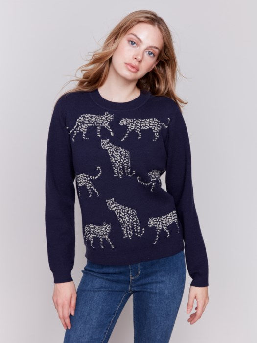 Charlie B C2763 Cheetah Jacquard Crew Neck Sweater